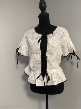 Julia White Eyelet Peplum Tie-Front Blouse with Black Trim